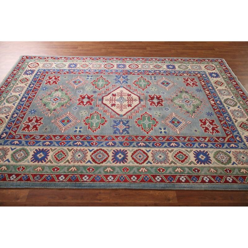 Gray Geometric Kazak Oriental Area Rug Wool Carpet - 6'3" x 8'11"