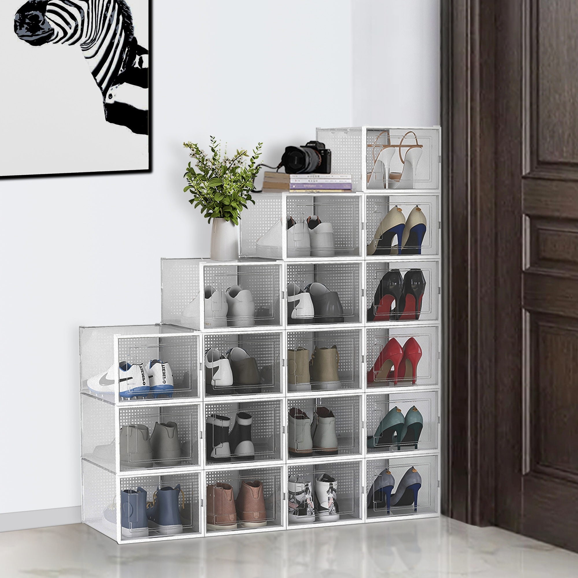 VredHom Stackable Clear Shoe Organizer Shoe Storage Box 11.03 W x 14.18 D x 8.27 H White