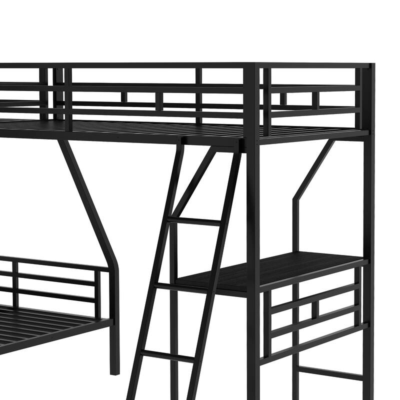 Black Contemporary Twin over Full Bunk Bed with Loft, Desk, Guardrails, Black