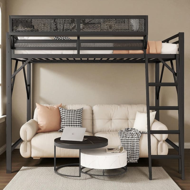 Full/Queen Size Metal Loft Bed with Storage Shelves, Guardrails, and Ladder, Space-Saving High Loft Bed for Kids and Teens - Black - Full