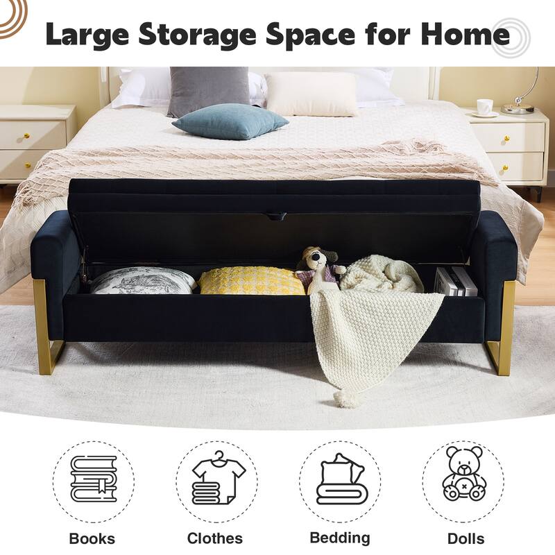66" Storage Bench for Bedroom End of Bed with Single Lids and Gold Legs