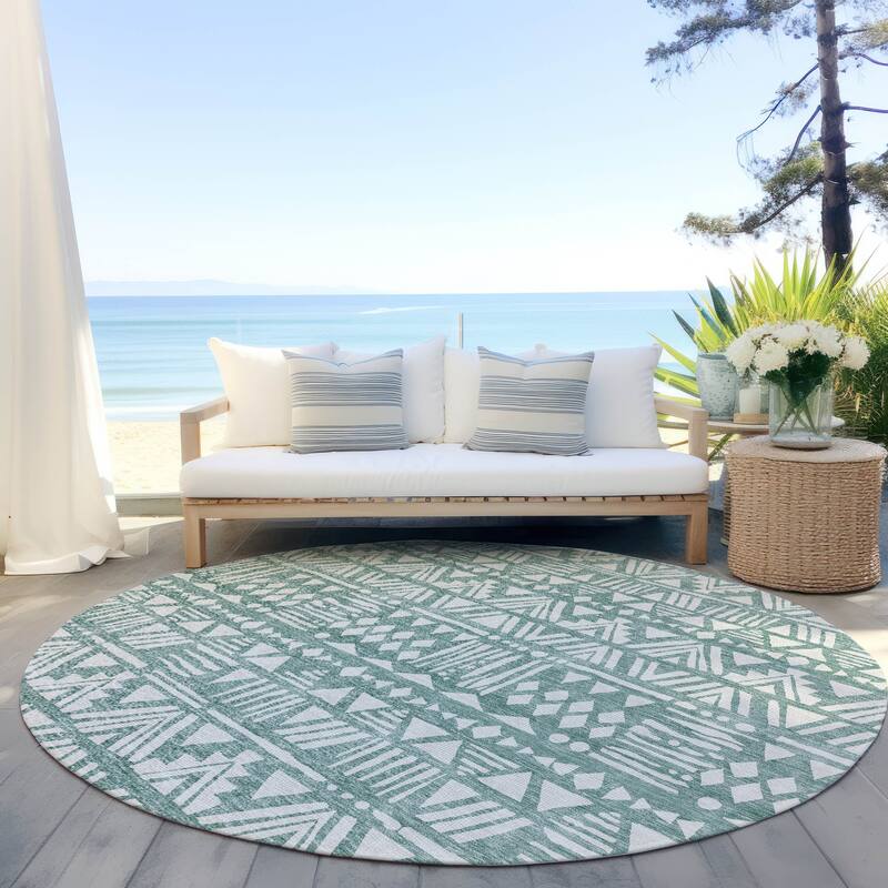 Machine Washable Indoor/ Outdoor Chantille Boho Tribal Rug - Sage - 8' x 8'