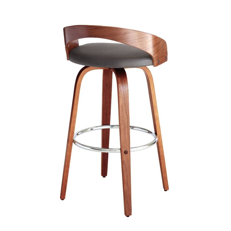 Modern 30 Inch Swivel Bar Stool with Low Back Grey Faux Leather Seat and Walnut Iron Frame - 35”H x 19”W x 19”D
