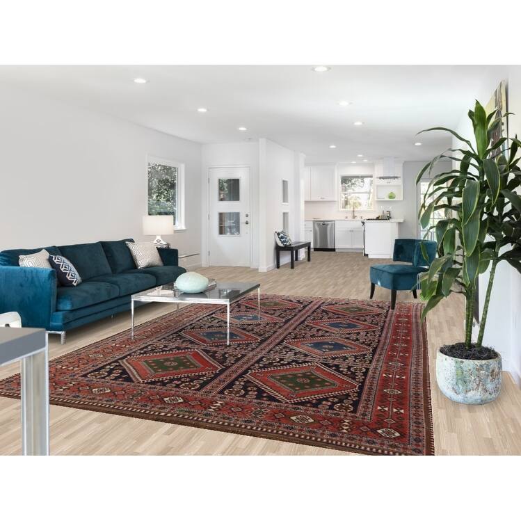 Hand Knotted Oriental 100% Wool Carpet Traditional Geometric Navy Blue & Blues Yalameh Area Rug - 10' 11'' X 7' 6''