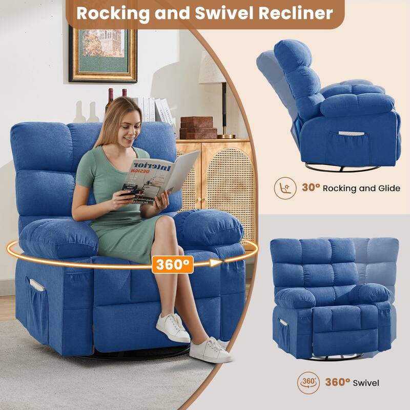 Swivel Rocker Recliner Chair 360° Manual with Side Pockets for Adults