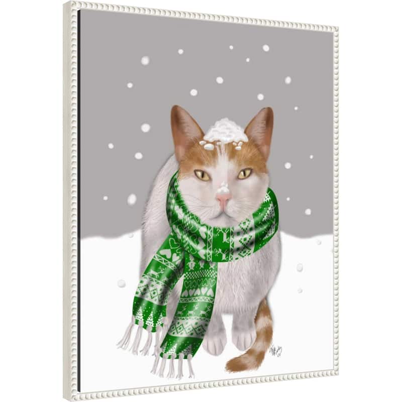White Cat Green Scarf by Fab Funky (23 x 28 in.), Framed Canvas Wall Art Print - Sylvie Beaded White