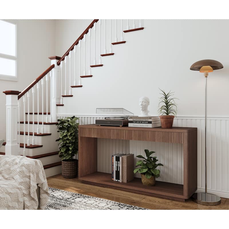 60" Modern 2-Drawer Fluted Console Table Natural Wood Veneer Sofa Table Behind Couch Table for Living Room