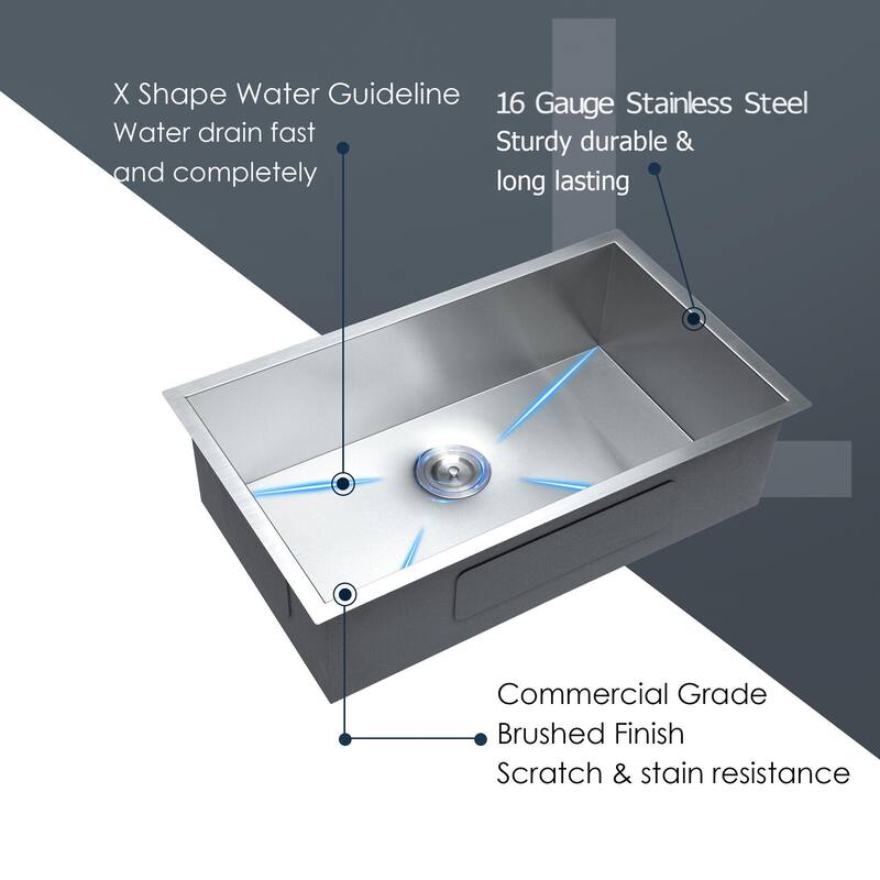 Undermount Kitchen Sink 16 Gauge 9 Inch Deep Single Bowl Kitchen Sink Basin, Includes Drain Assembly (No Additional Accessories)
