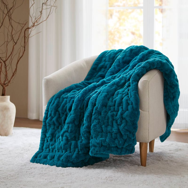 Madison Park Ruched Fur Throw - Teal