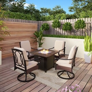5-Piece Patio Dining Firepit Set of 4 Rattan/Metal Deep-Seating Swivel Chairs and 34" 50,000BTU Progane Firepits Table