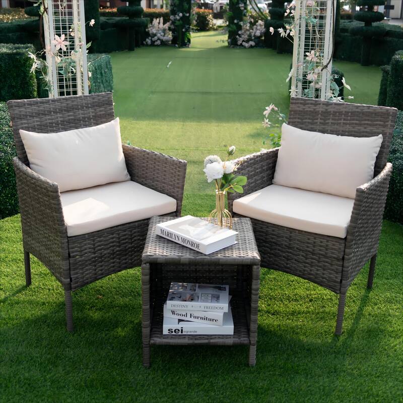 3 Piece Patio Conversation Bistro Set, Porch Balcony Furniture Set Outdoor Chat Furniture, Wicker Chairs and Storable Table Set