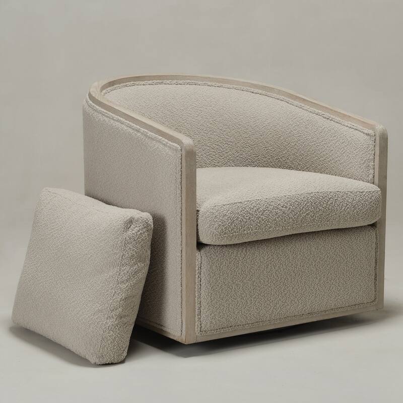 KINWELL 31"W Oak Frame Upholstered Swivel Barrel Armchair