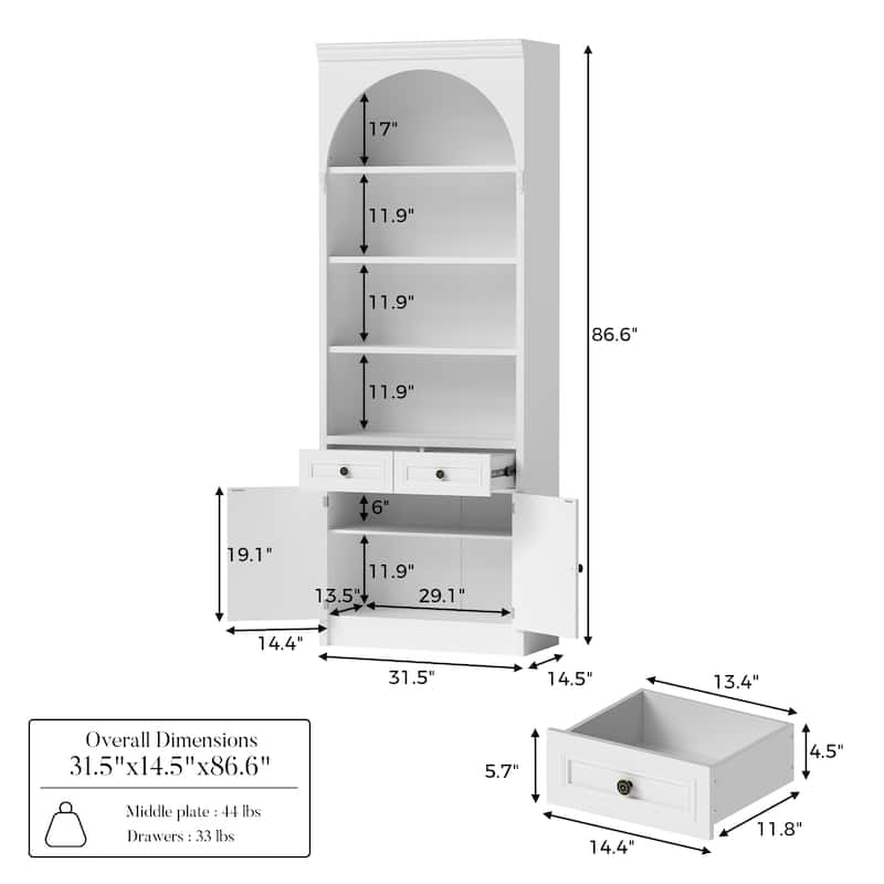 Modular White Bookcase with LED Lights & Glass Doors, 86.6" Tall Arched Display Cabinet Solid WoodStorage Cabinet