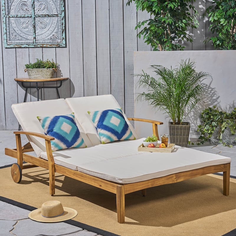 Perla Acacia Wood Double Chaise Lounge by Christopher Knight Home - Teak Finish + Cream