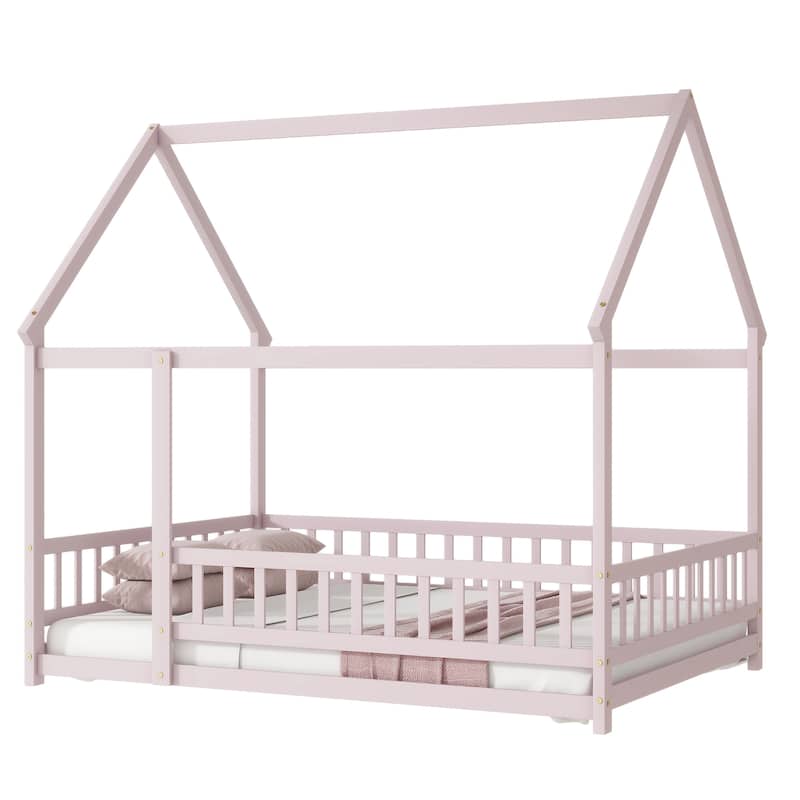 Full Size House Floor Wooden Bed with Roof Frame