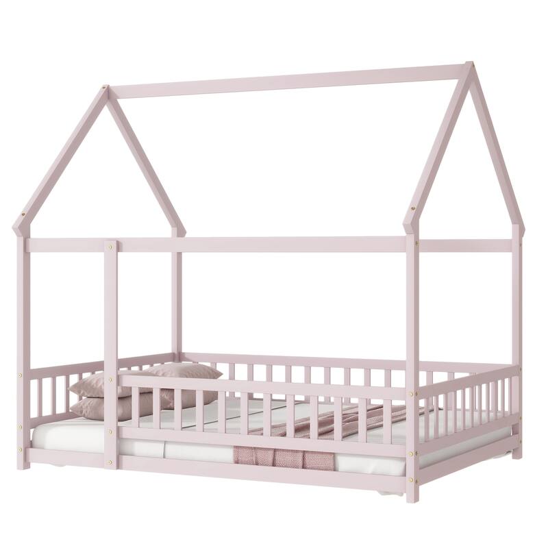 House Floor Bed without Slat, Wooden Floor Bed Frame, Rubber Wood House Shaped Bed Frame with Roof and Fence