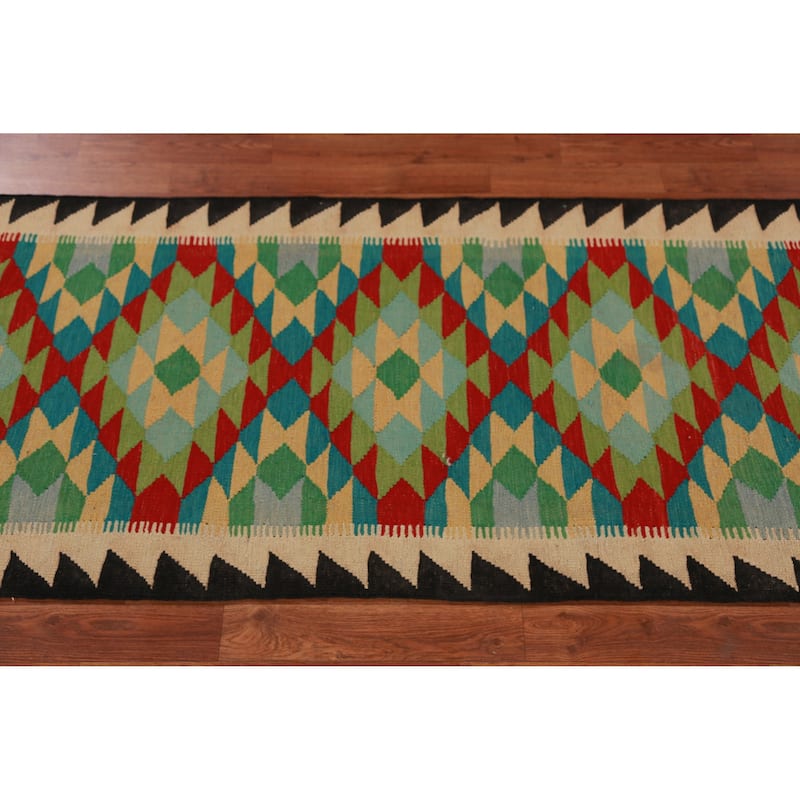 Hand Woven Oriental 100% Wool Carpet Southwestern Geometric Multi-Colored Kilim Runner Rug - 13' 0'' X 2' 8''