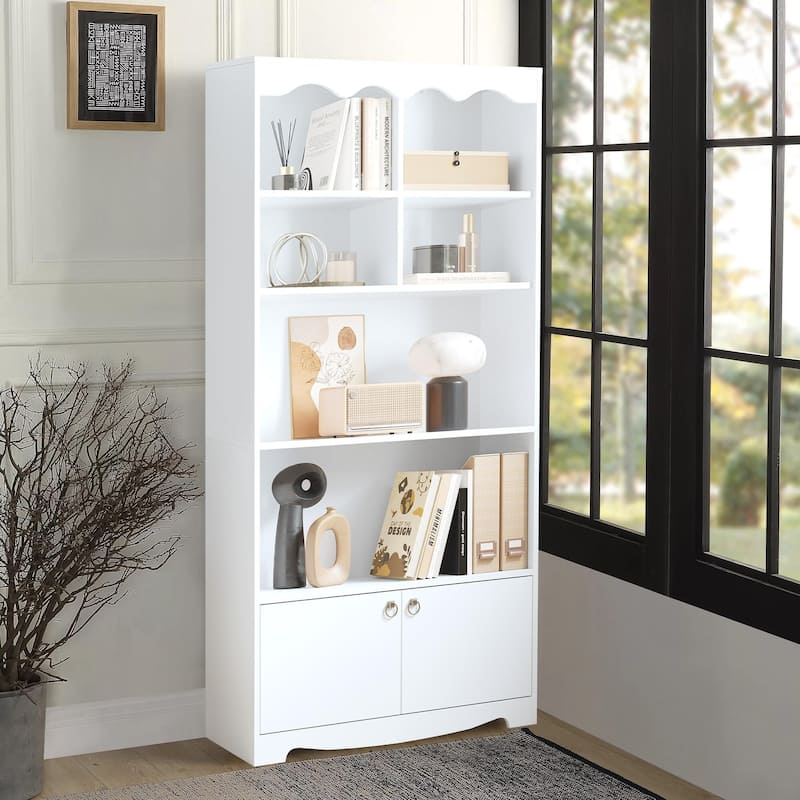 63 Inch Tall Bookshelf, Wood Bookcase with Doors, 5-Tier Book Shelf Storage Organizer, Modern Floor Standing - White