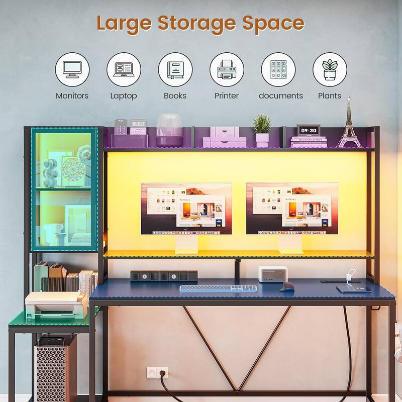 Gaming Desk LED Lights Hutch and Storage Shelves Glass Display Cabinet