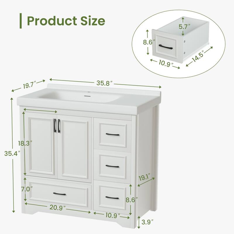 36'' Bathroom Vanities with Single Sink, Modern Undermount Bathroom Sink Cabinet with 2 Closing Doors&4 Drawers.White