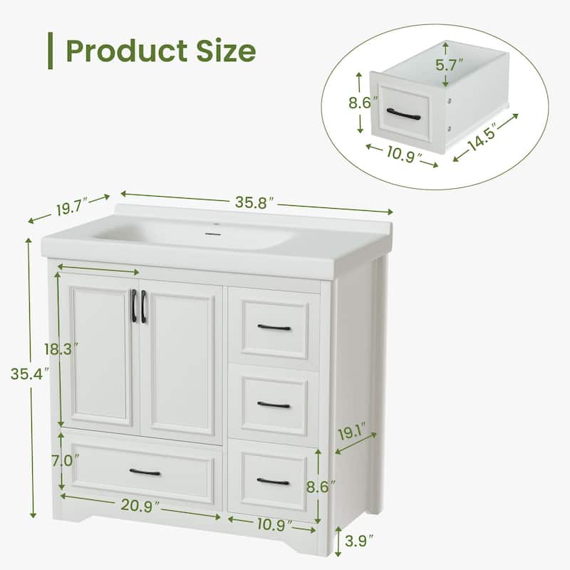 36'' Bathroom Vanity with Single Ceramic Sink, White Storage Cabinet with 2 Doors & 4 Drawers, Modern Style