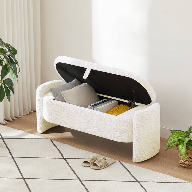 Ottoman Oval Storage Bench 3D Lamb Fleece Fabric Bench with Large Storage Space for the Living Room, Entryway and Bedroom