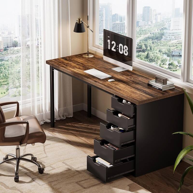 PC/Computer Desk with 5 Reversible Drawers, Home Office Desk with Storage, Laptop Desk Study Writing Table Workstation