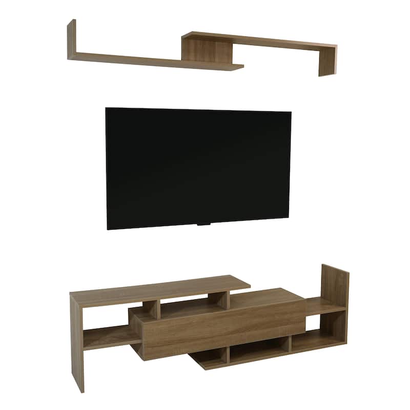 Surrey 60.2'' 2 Pc 1-Drawer Floating TV Stand Media Console with Open Shelves - Oak Wood