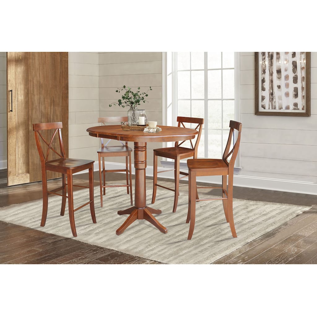 36" Round Bar Height Table with 12" Leaf and 4 X-Back Stools - Espresso - 5 Piece Set