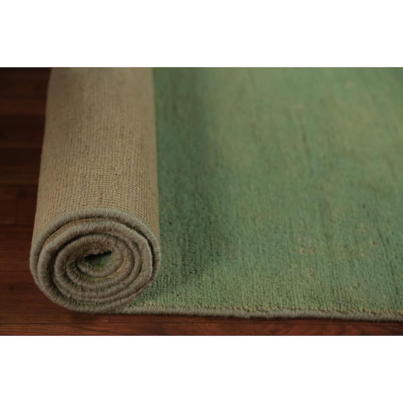 Green Modern Gabbeh Runner Rug Hand-Knotted Wool Carpet - 2'11" x 9'6"