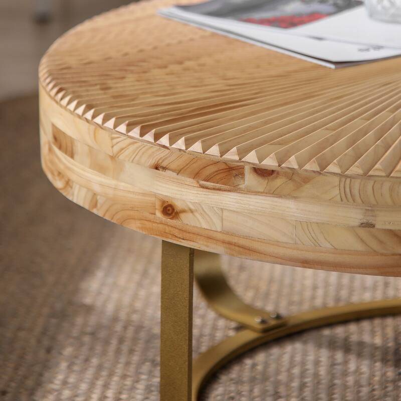Modern Round Coffee Table Wooden Carving Pattern Coffee Table with Metal Legs, for Living Room Reception Room Office