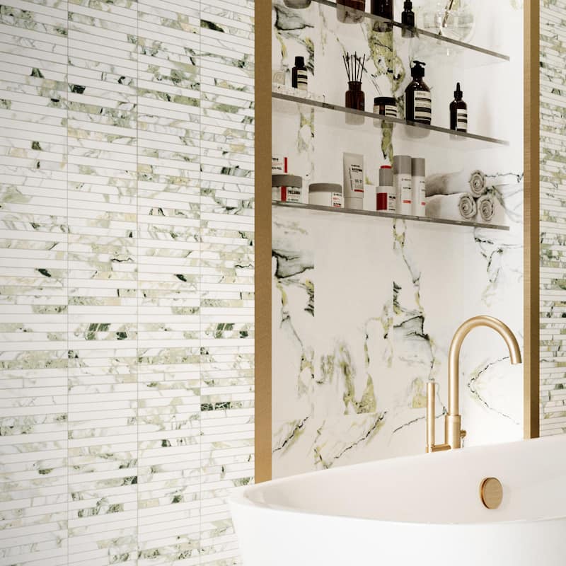 Merola Tile Touche Brick Stacked Jade 11-3/4" x 11-3/4" Porcelain Mosaic Floor and Wall Tile - (1 Tile) - Green - (1 Tile)