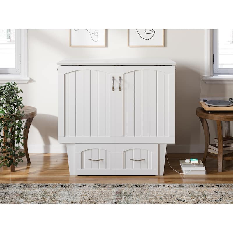 Twin Murphy Bed Chest with Storage Drawer and Charging Station, White Finish, Elegant and Functional Design