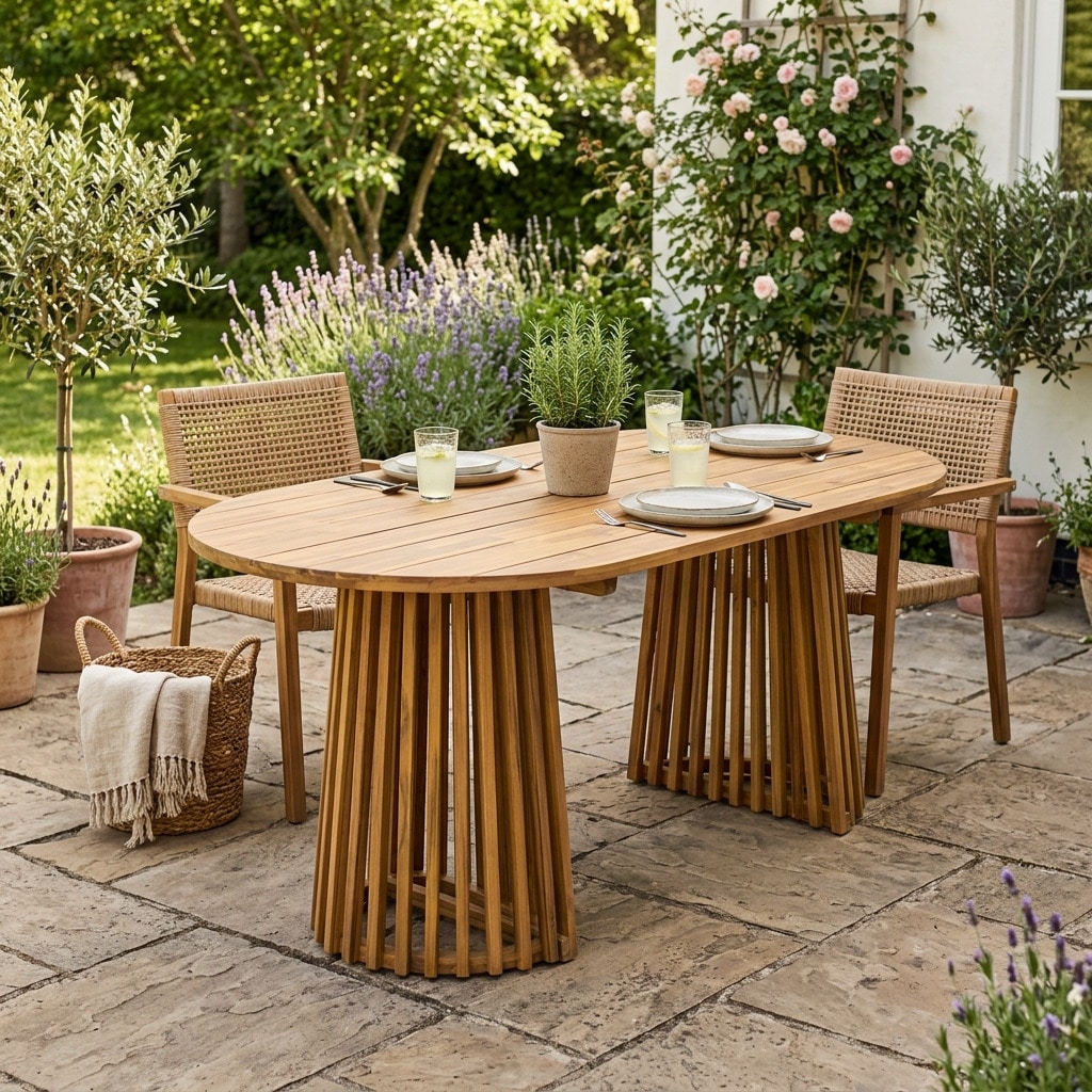 Christopher Knight Home - 83" Farmhouse Solid Acacia Wood Outdoor Oval Dining Table with Dual Slatted Pedestal Bases