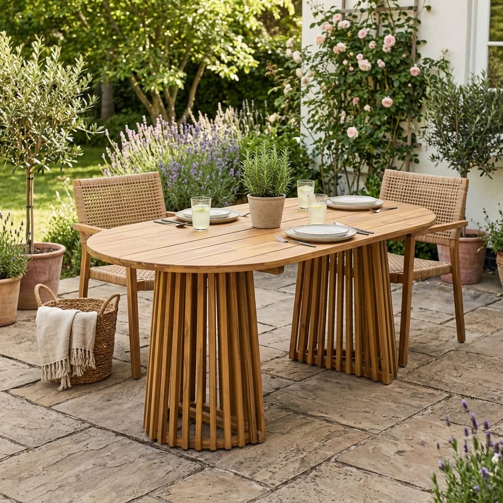 Christopher Knight Home - 83" Farmhouse Solid Acacia Wood Outdoor Oval Dining Table with Dual Slatted Pedestal Bases