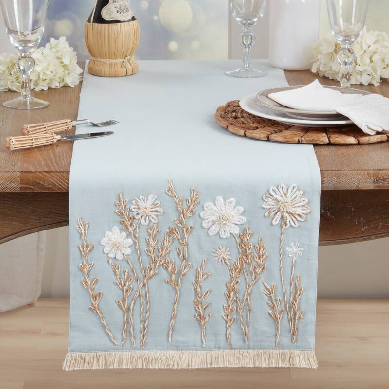 Embroidered Floral Table Runner - Lined Decorative Table Runner with Fringe for Dining & Console Tables, 16"x72"