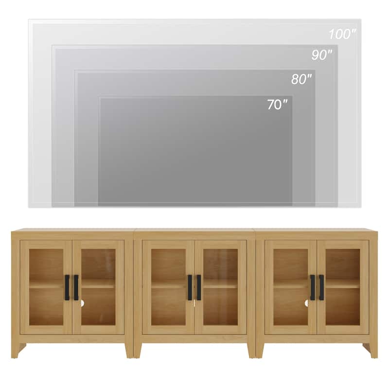 WAMPAT Modern Farmhouse TV Stand, Entertainment Center with Tempered Glass Doors & Adjustable Shelves