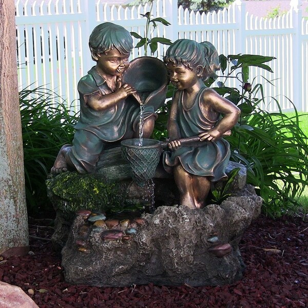 Boy & Girl Playing in Water Outdoor Fountain with LED Light by Sunnydaze Decor