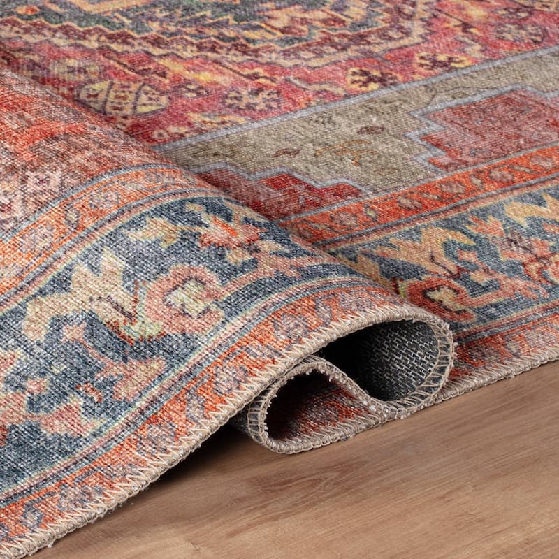 Beige Medallion Flat Pile Washable Rug - Pet Friendly, Non-Slip for Entryway and Bedroom