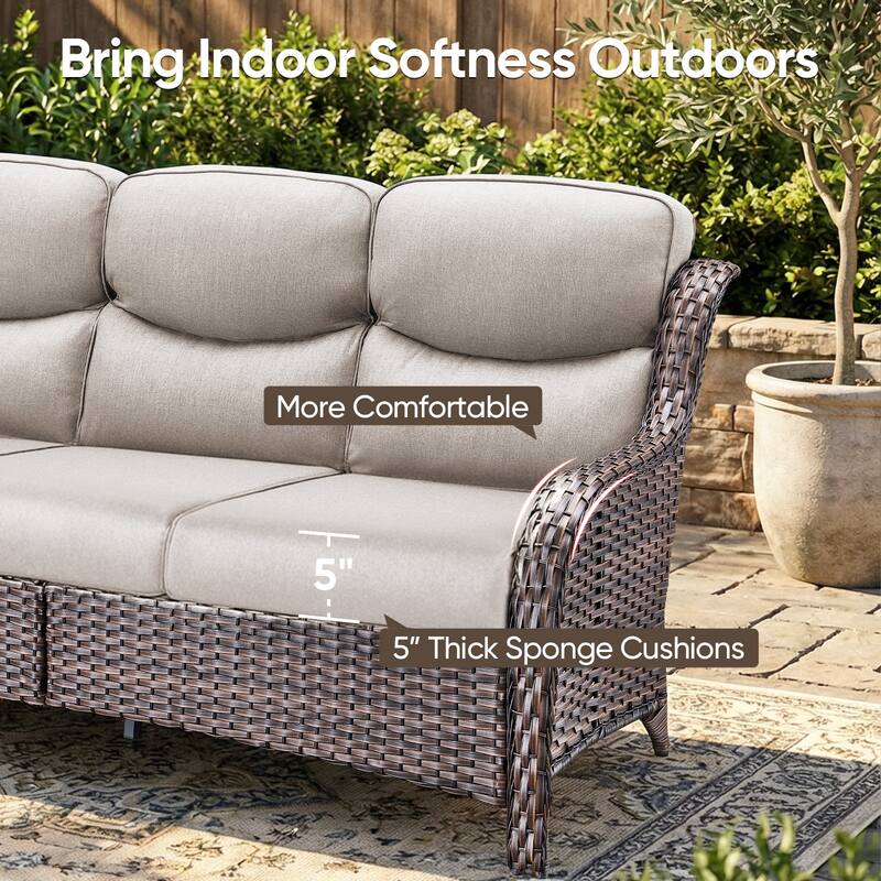 Pocassy Outdoor Wicker 3 Seat Sofa with 5 In Thick Cushion Patio Sofa