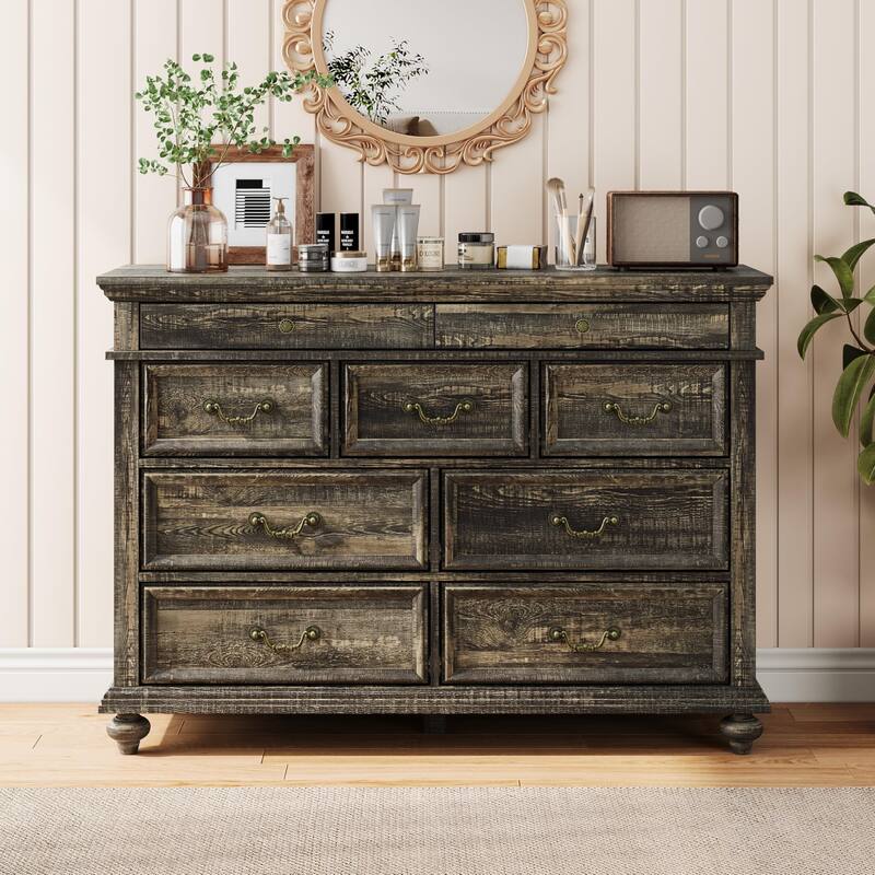 Farmhouse 9 Drawers Dresser for Bedroom, 47" Wide Wood Rustic Chest of 9 Drawers with Metal Handles, Vintage Design