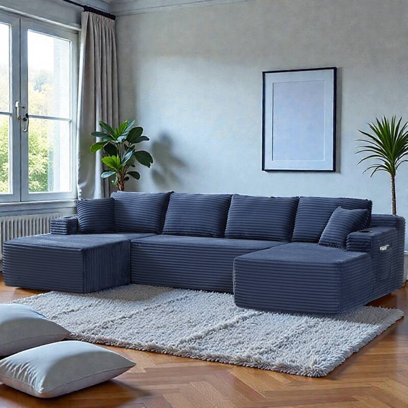 Compressible U-Shaped Modular Sectional Sofa, Corduroy Cloud Couch, 6-Seat Minimalist Living Room Sofa