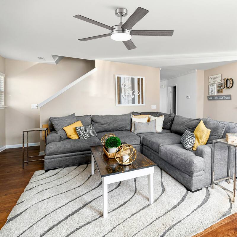 48" Modern Wood Reversible 5-blade Brushed Nickel LED Ceiling Fan with Remote