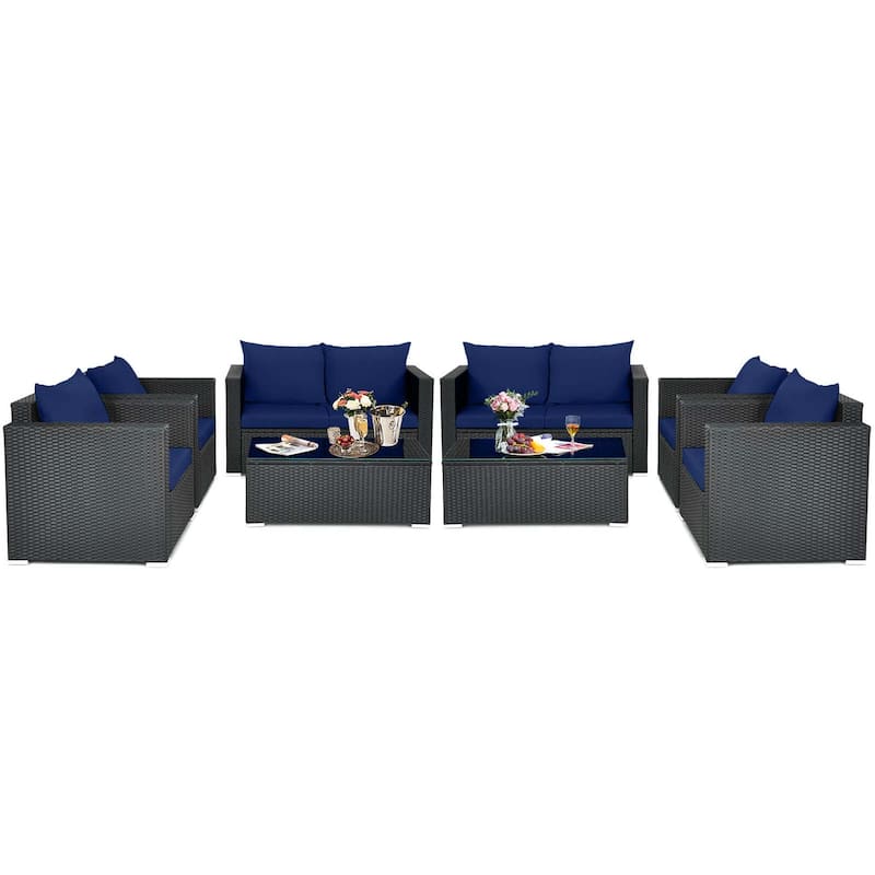Gymax Set of 8 Rattan Furniture Set Cushioned Sofa Chair Coffee Table - Blue