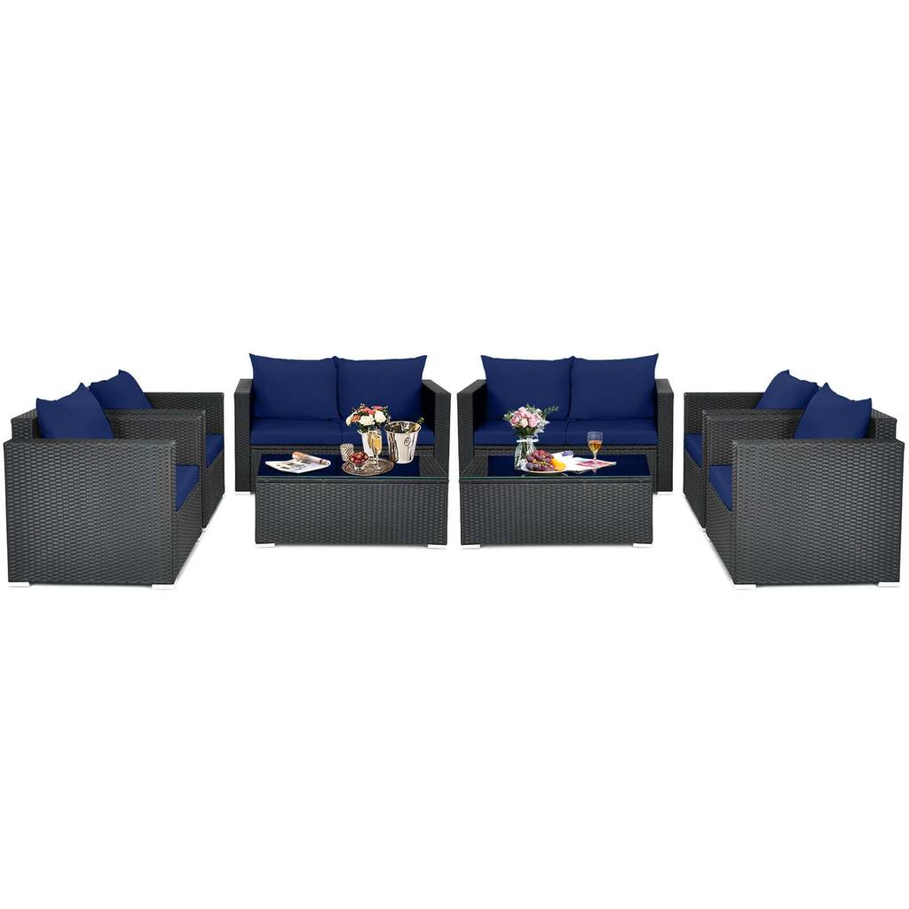 Gymax Set of 8 Rattan Furniture Set Cushioned Sofa Chair Coffee Table