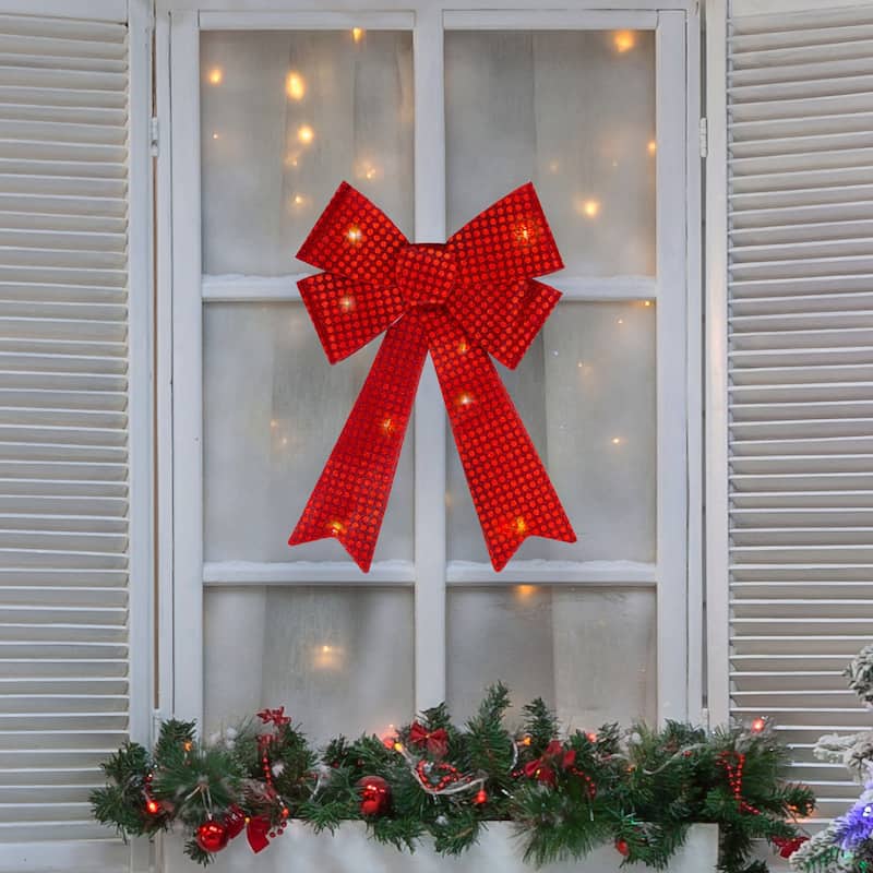 17.5" LED Lighted Red Sequin Bow Christmas Decoration