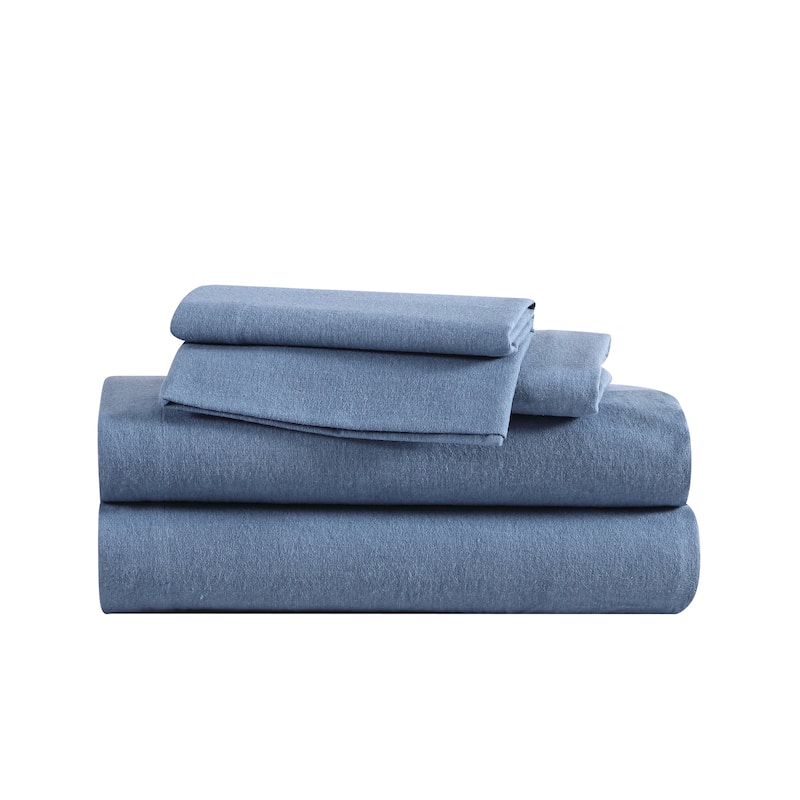 Eddie Bauer Cotton Flannel-Solids-Deep Pocket- Sheet & Pillowcase Set - Blue - Twin