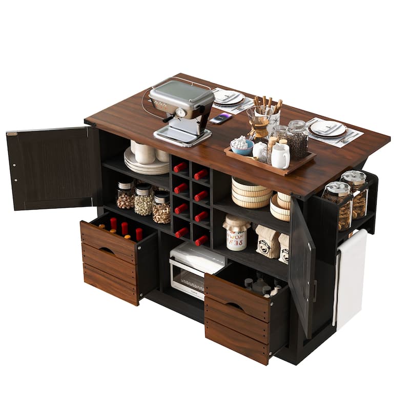 Kitchen Island with Drop Leaf, 2 Doors & 2 Drawers, Rolling Kitchen Island on 4 Wheels, Kitchen Storage Cart with Power Outlet