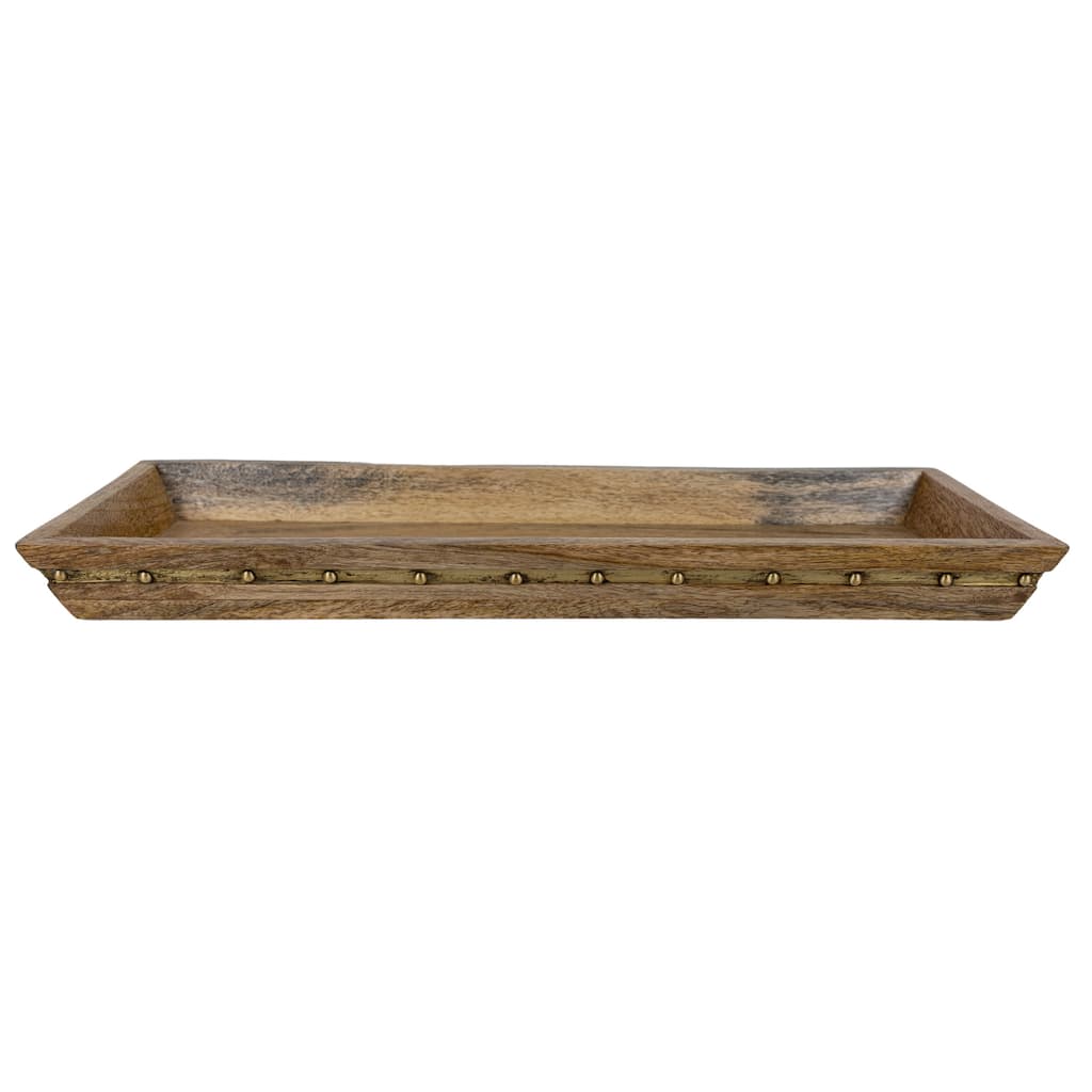 Foreside Home & Garden Brass Stripe Detail Tray Mango Wood & Metal - 18 x 7 x 1.5"H