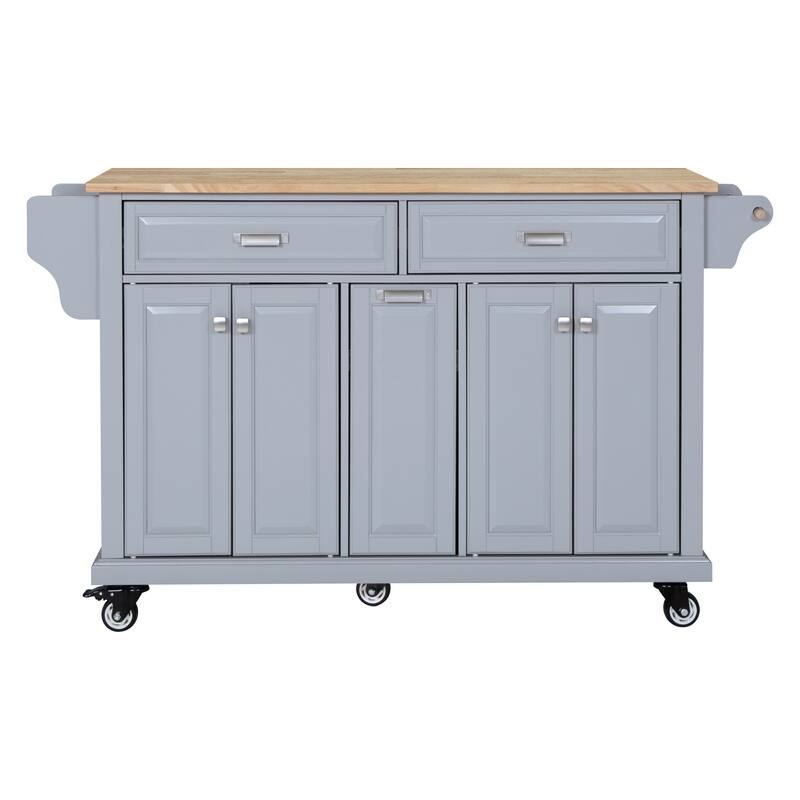 Kitchen Island with Rubber wood Countertop, Kitchen Cart on 5 Wheels with Storage Cabinet and 2 Top Drawers